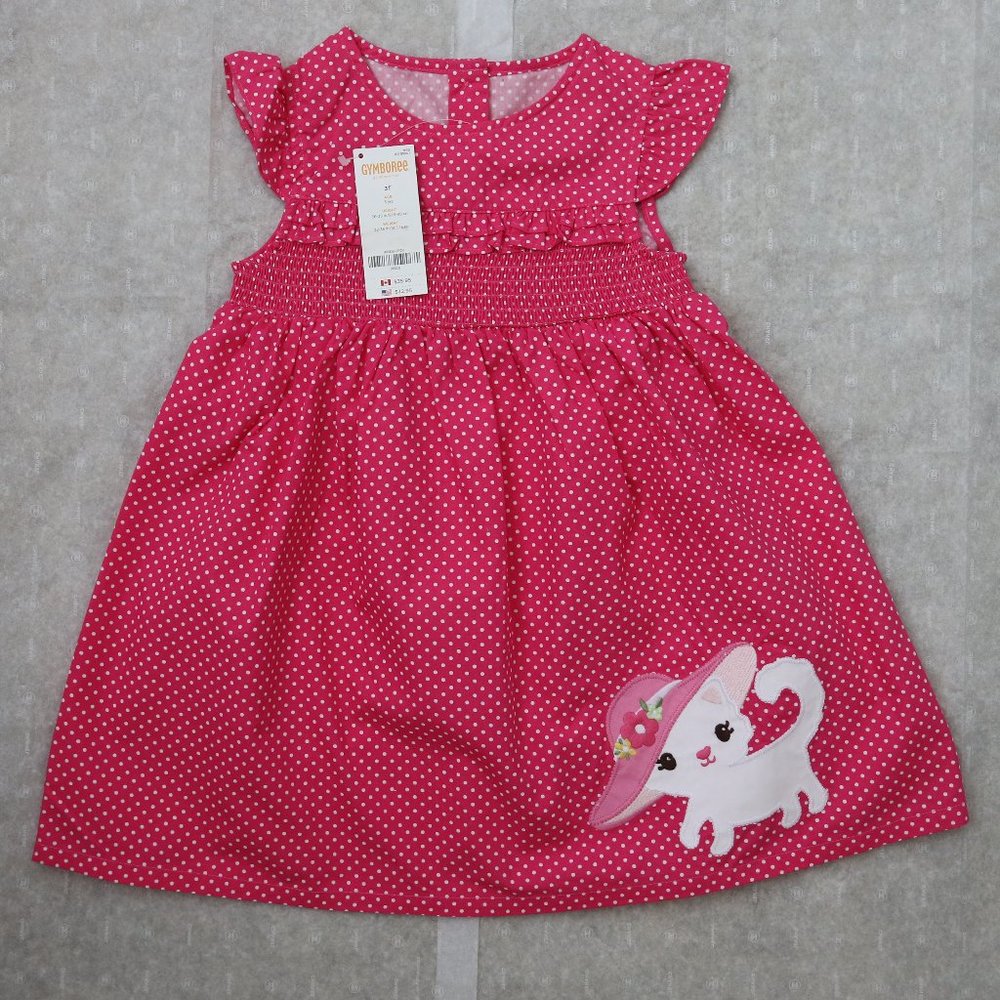 Gymboree Polka Dot Kitten Dress Short Sleeve Pink A-Line 3T 3 Toddler Girl New
